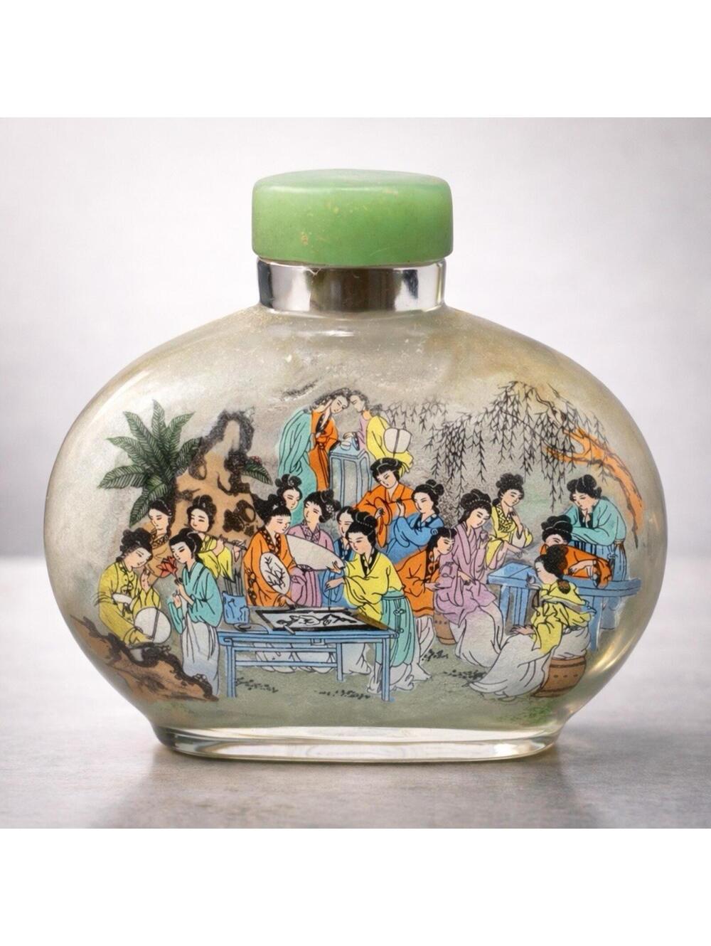 Vintage 1980s Chinese Snuff Bottle Reverse Painted Glass Jade Stopper, 4x4”